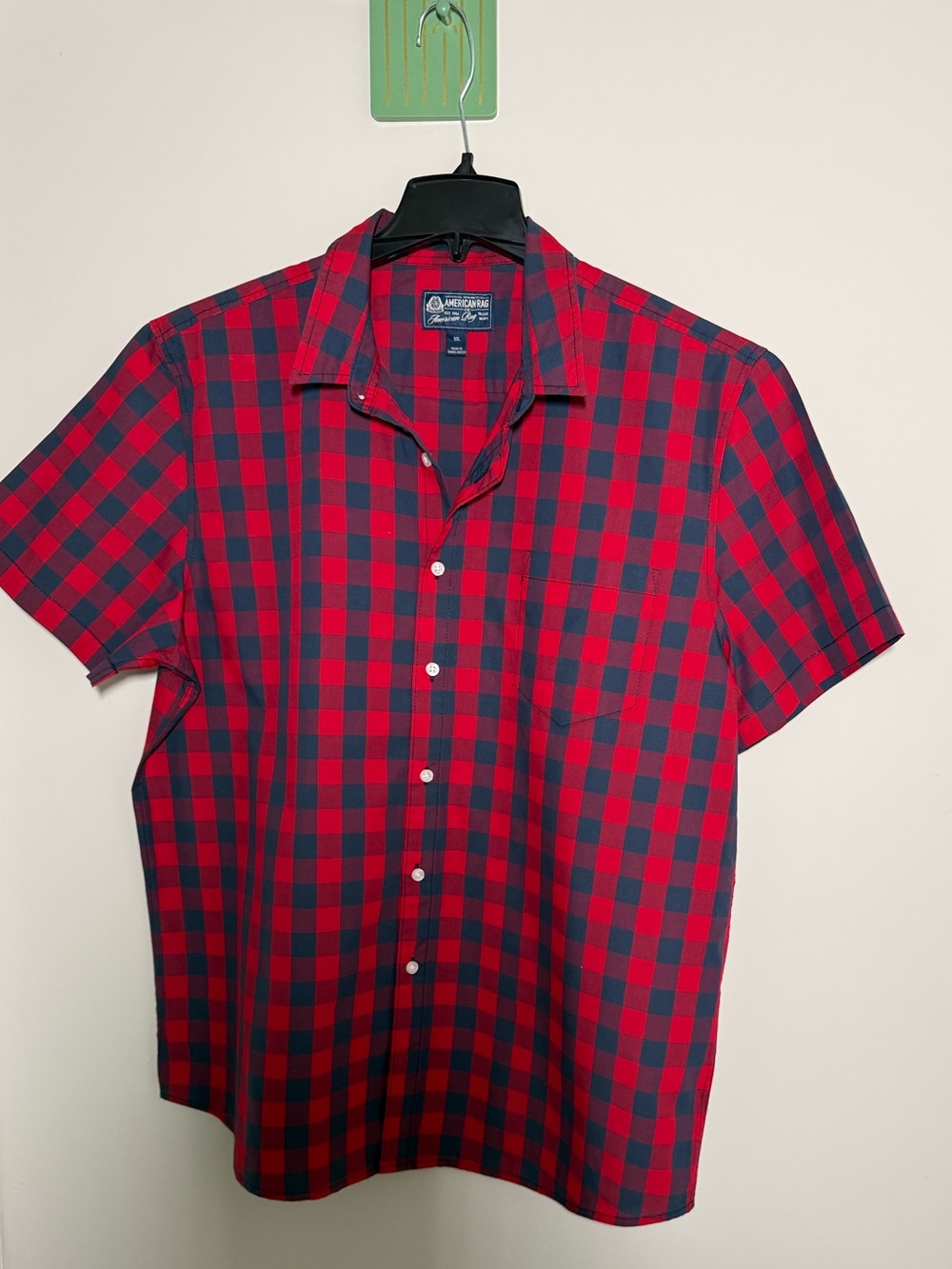 American Rag Red and Navy Check Short Sleeve Button-Down Shirt